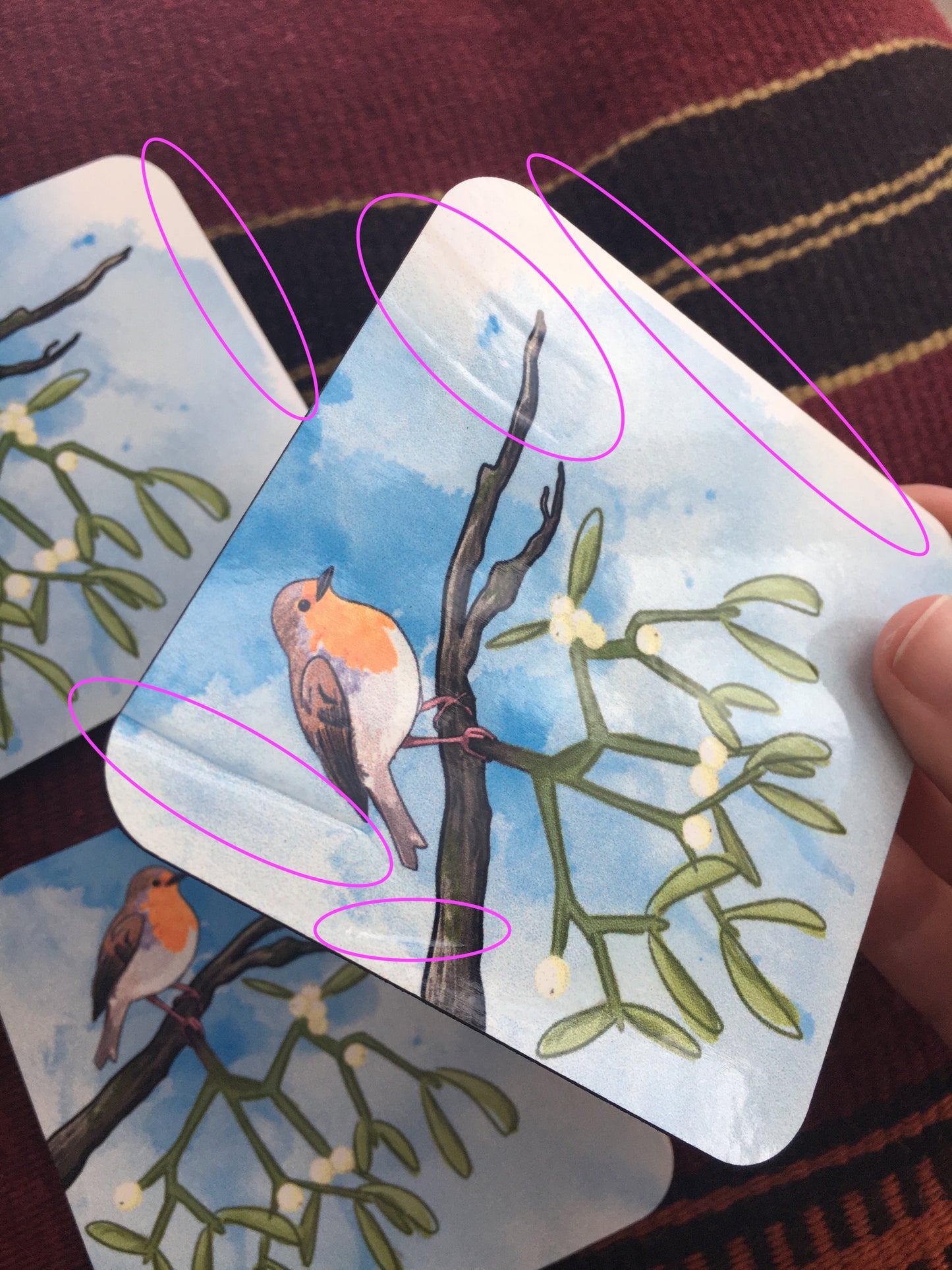 COASTERS SAMPLES & SECONDS - Robin and Mistletoe, Blackbird, Jersey TIger Moth, Red Admiral.