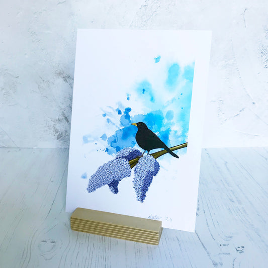A print of an original digital illustration by Loadofofolbobbins of a male blackbird perched on a branch of lilac with three full purple blooms on the end. The background of the illustration is made up of splashy light blue inky marks. The blackbird is a rich black all over with distinct orange yelloe beak and eye ring. The bird is looking to the left of the image and shows it's side view.