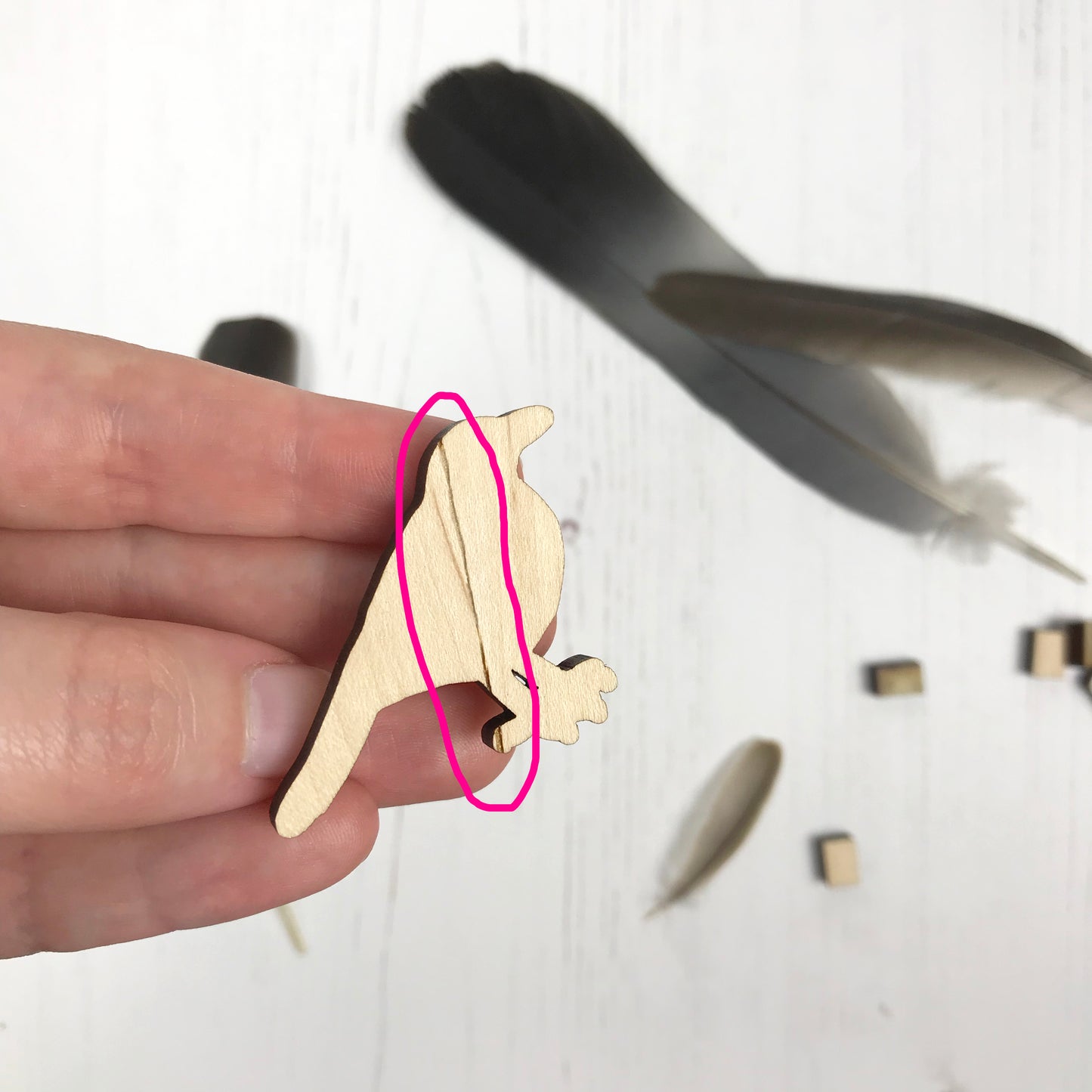 A laser cut wooden brooch showing an illustration by Loadofolbobbins of a male blackbird. A pink circle highlights the back of the brooch where there is a scored line on the back.