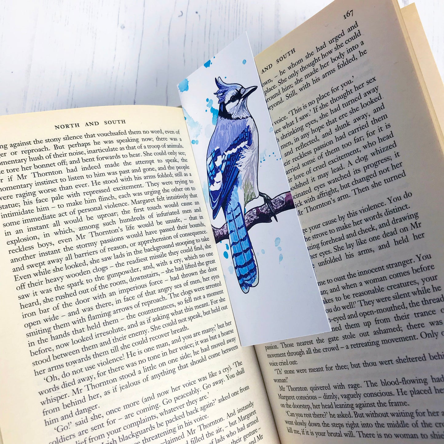 A photo of a bookmark nestled in an open book. It shows a one side of a double sided bookmark and shows an illustration of a bluejay bird that is against a white background with blue inky splash marks.