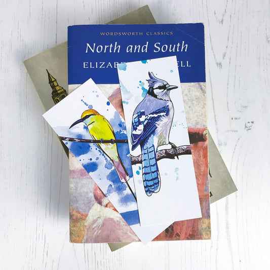A photo of two bookmarks resting on top of a pile of books. They each show a different side of the same bookmark one side shows an illustration of a bluejay bird and the other side shows a little bee eater bird both are against a white background with blue inky splash marks.