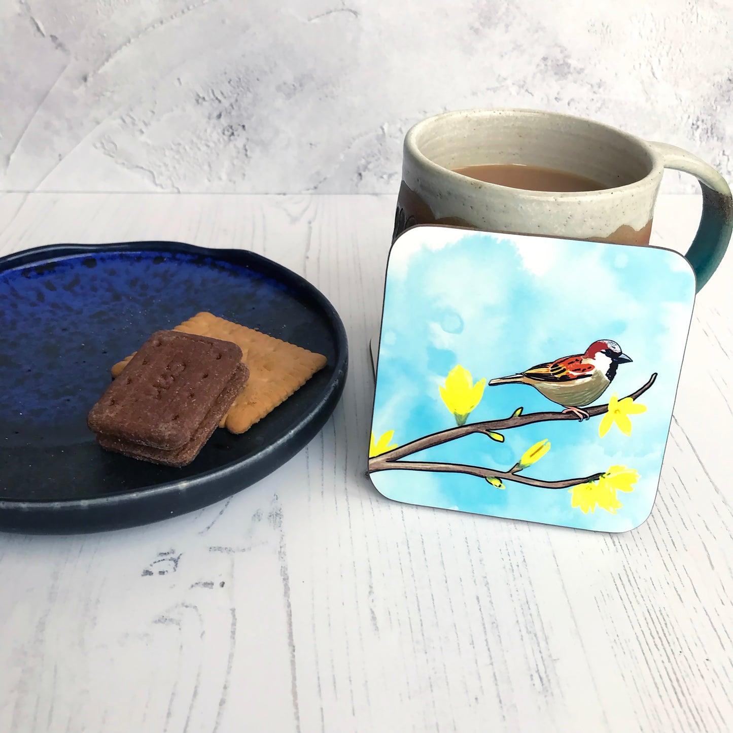 Male Sparrow and Forsythia Drinks Coaster