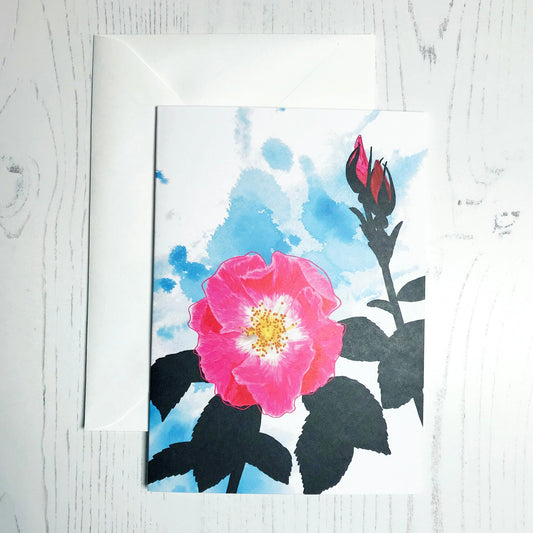 An A6 greetings card showing an illustration of a wild dog rose against an inky blue wash background. The rose flower and buds are in vibrant pinks and reds with the plant leaves silhouetted in black.