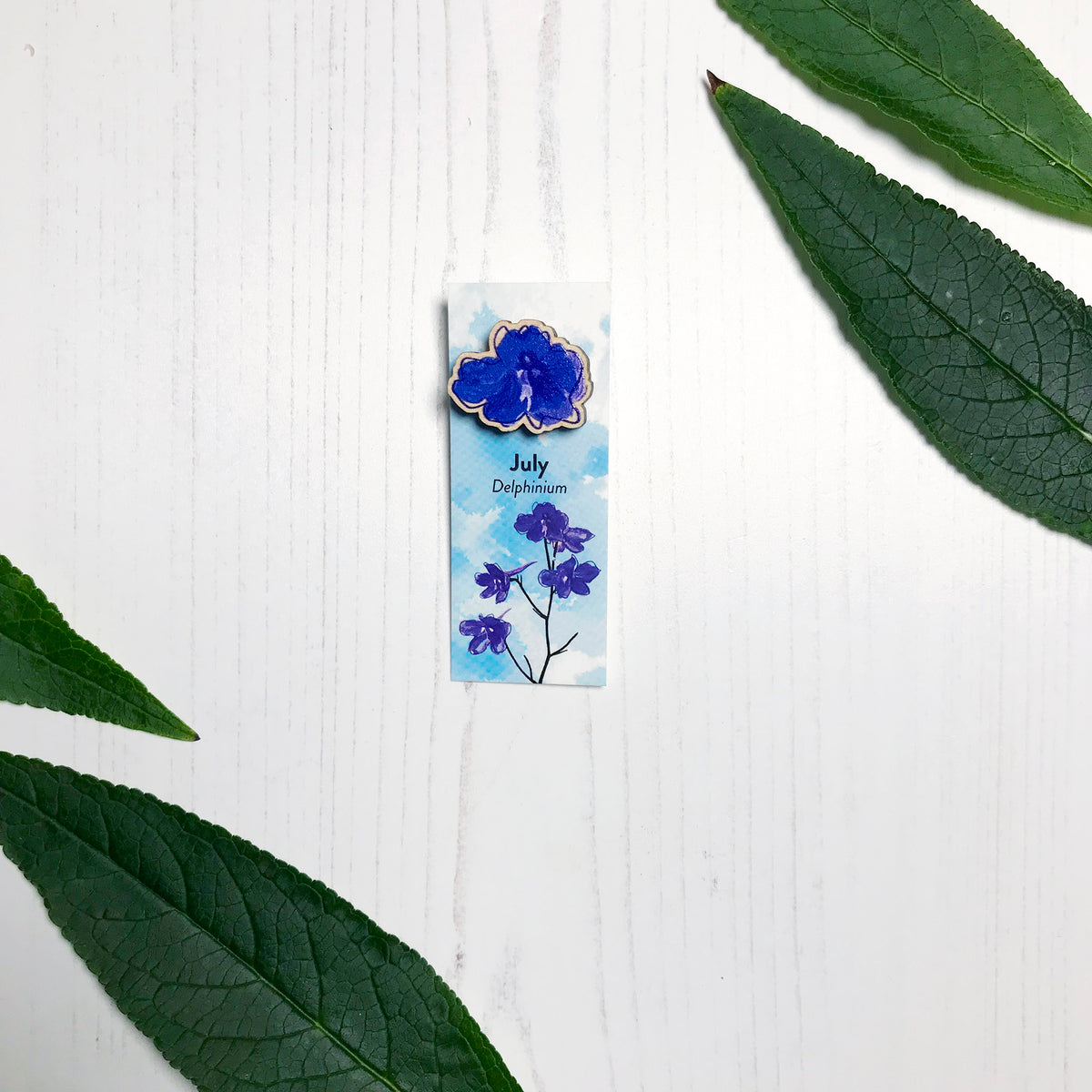 A 25mm mini wooden lapel pin of a blue delphinium flower mounted on an illustrated backing card. The pin is made from an original illustration and is loose and expressive in style. The backing card says July Delphinium and has an illustration of blue delphinium with foliage and stems silhouetted in black against an inky blue background.