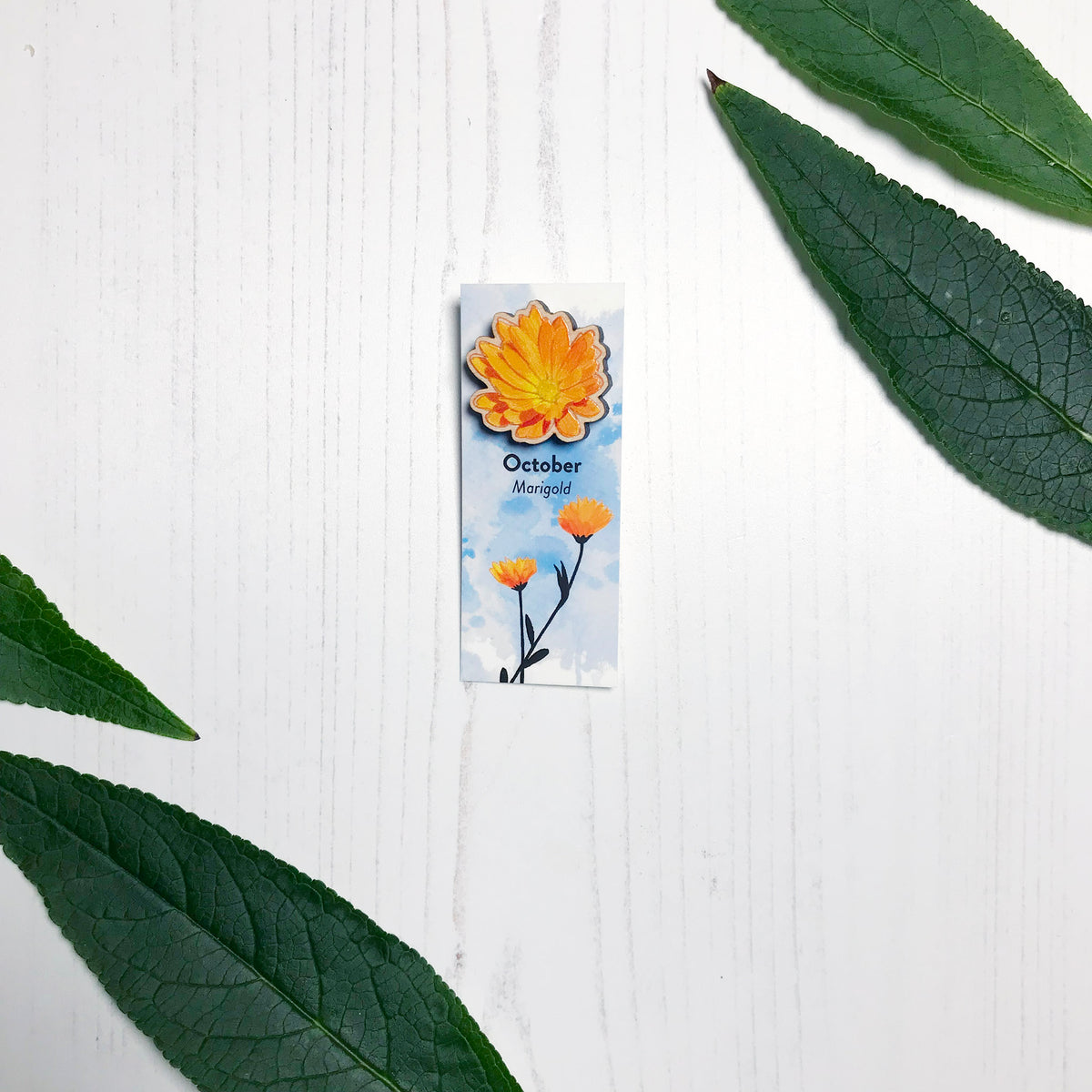 A 25mm mini wooden lapel pin of a orange yellow marigold flower mounted on an illustrated backing card. The pin is made from an original illustration and is loose and expressive in style. The backing card says October Marigold and has an illustration of yellow orange marigolds with stems and foliage silhouetted in black against an inky blue background.
