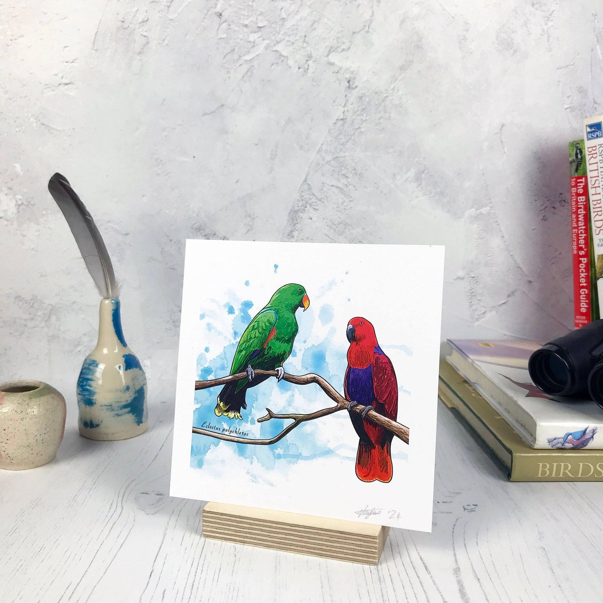 A photo of a small sized 14 cm square art print made from an original digital illustration by Loadofolbobbins. It is of two Eclectus parrots perching on a branch. The bird on the left is a vibrant green with flashes of red and blue on its wing. The bird on the right is a bright red with a purple chest. The background of the image is an inky blue splash. There is a 2.5 cm white border for framing.