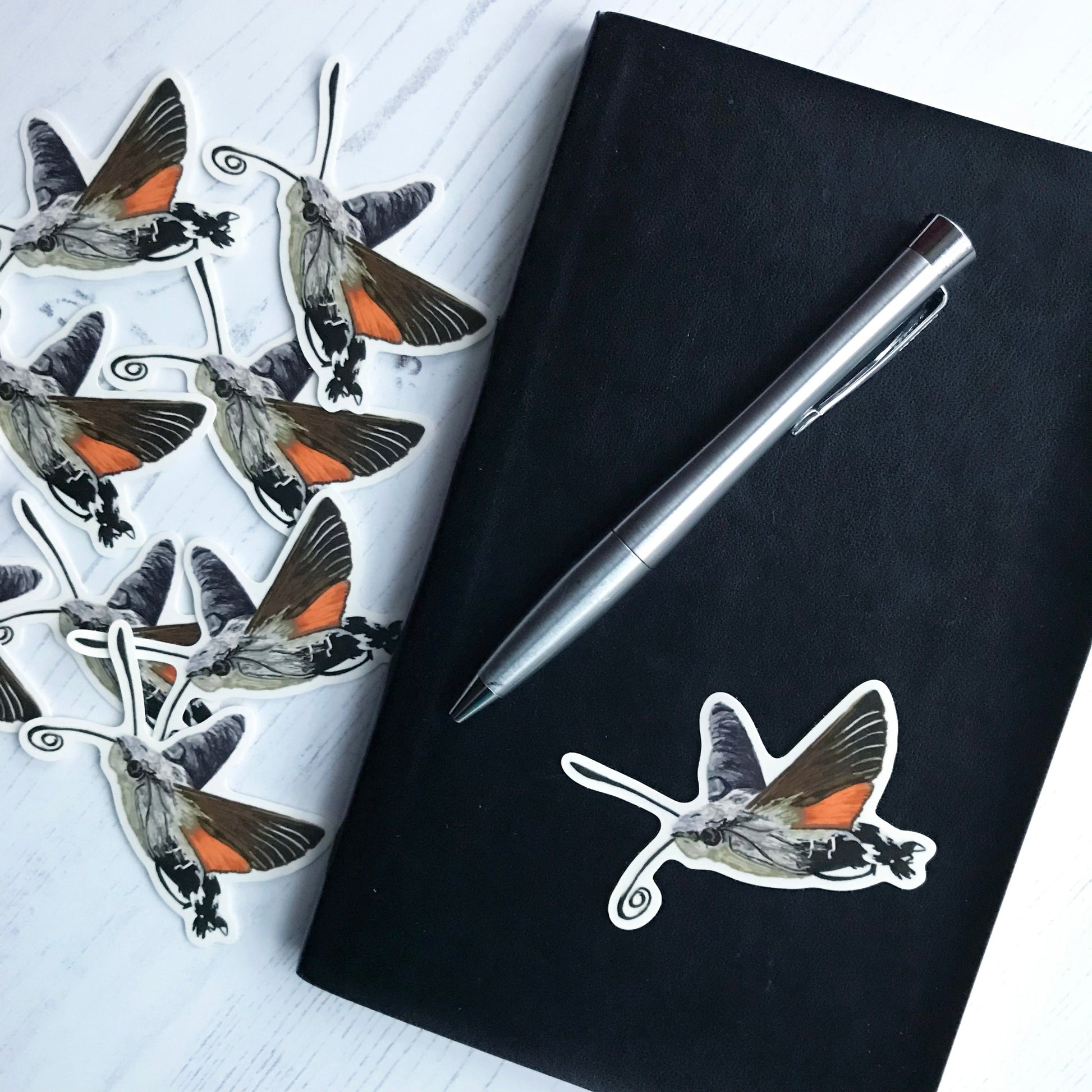 A hummingbird hawk-moth sticker created by Loadofolbobbins. With a rather chunky body this moth has surprisingly small wings. The wings are lifted up mid flight, the underside of the upper wing has a lovely orange tinge to it bordered in a rich brown, with the lower wing being a warm vibrant orange. The back of the upper wing furthest away from the viewer is a mix grey browns. With a large dark compound eye and prominent dark antennae, the moths long proboscis is out and curling into a spiral. 