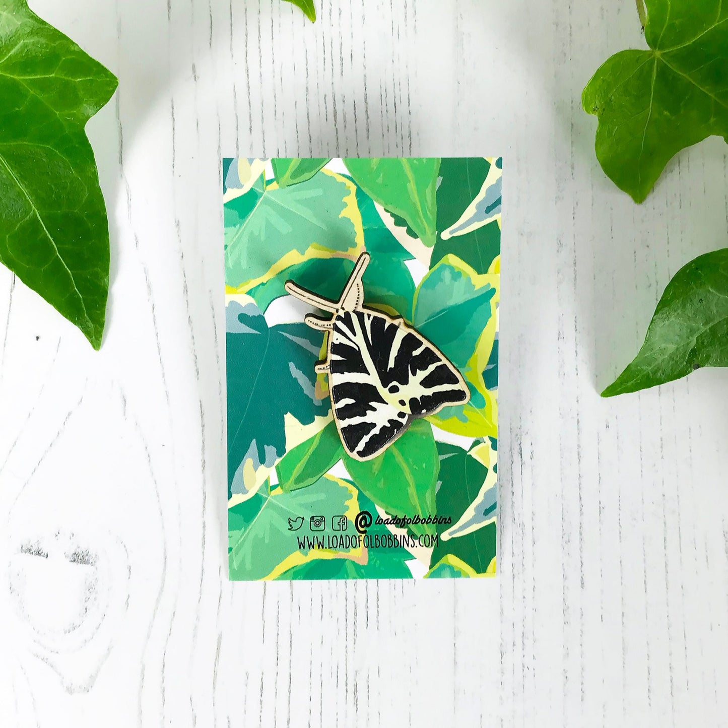 A laser cut wooden brooch showing an illustration by Loadofolbobbins of a Jersey Tiger moth. The brooch is mounted on a backing card with a repeat ivy leaf pattern.
