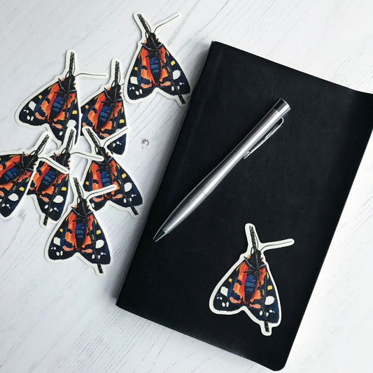 A scarlet tiger moth sticker by Loadofolbobbins. You can see the moth underside as it clings to a thin mottled black and white twig. It's segmented abdomen, head and legs are a rich black with areas of almost blue green where the light is shining off the surface. Like the body the upper and lower wings have large areas of black which are broken up by bright white and also yellow spots . The underwings have large areas and patches of vibrant orange alongside the black ones.