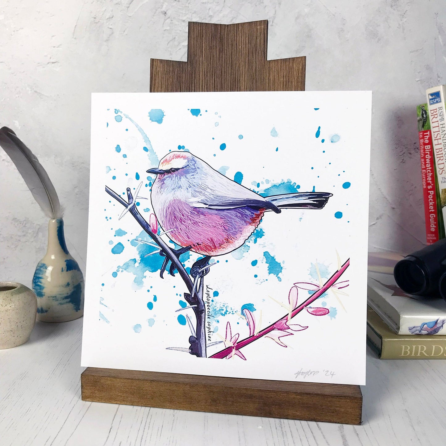A photo of a medium sized 21 cm square art print made from an original digital illustration by Loadofolbobbins. It is of  a white browed tit warbler bird perched on a thin spiky branch. It is quite a puffball shaped bird with an array of pink, blues, purples, oranges and greys in all it’s feathers so it looks like it rolled around in lots of eyeshadows. The background is splashes of light blue ink.There is a 2.5 cm white border for framing.
