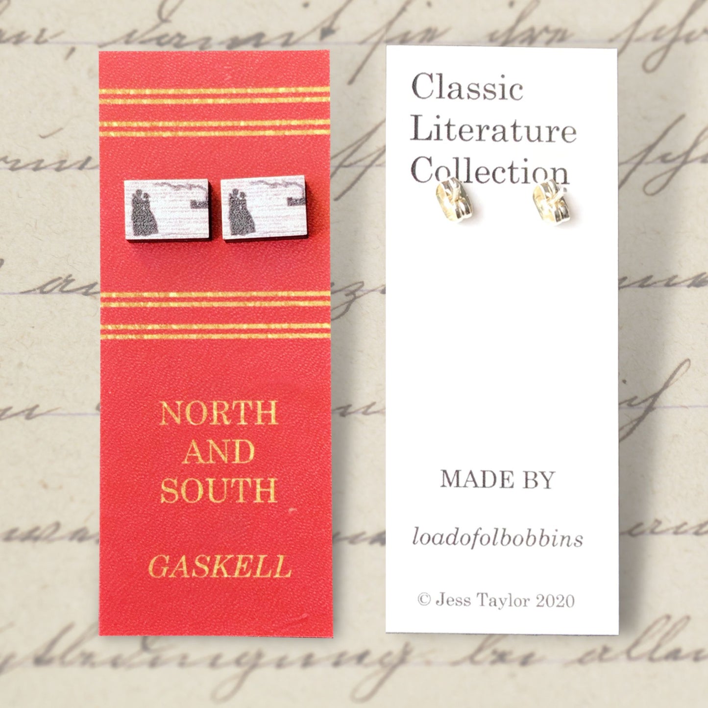 A laser cut wooden stud earrings showing a silhouette scene a couple in Victorian dress embracing and a factory in the background with a billowing chimney. It is inspired by the novel North and South by Elizabeth Gaskell and is printed with the text from the novel behind it. The necklace is mounted on a red backing card with gold lettering detail and made to look like the front of a book.